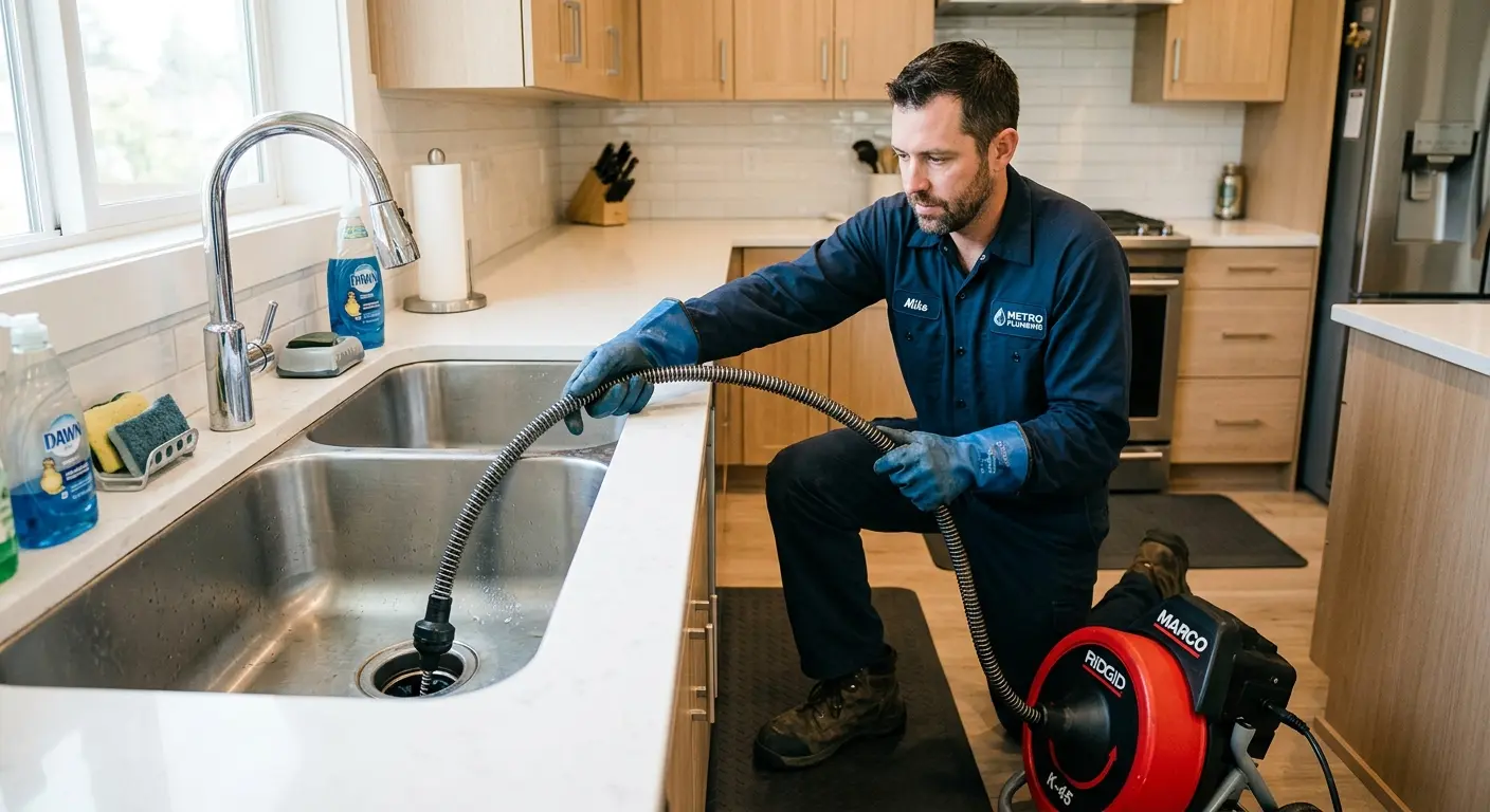 Drain cleaning technician using a motorized snake on a kitchen sink in Tuscaloosa
