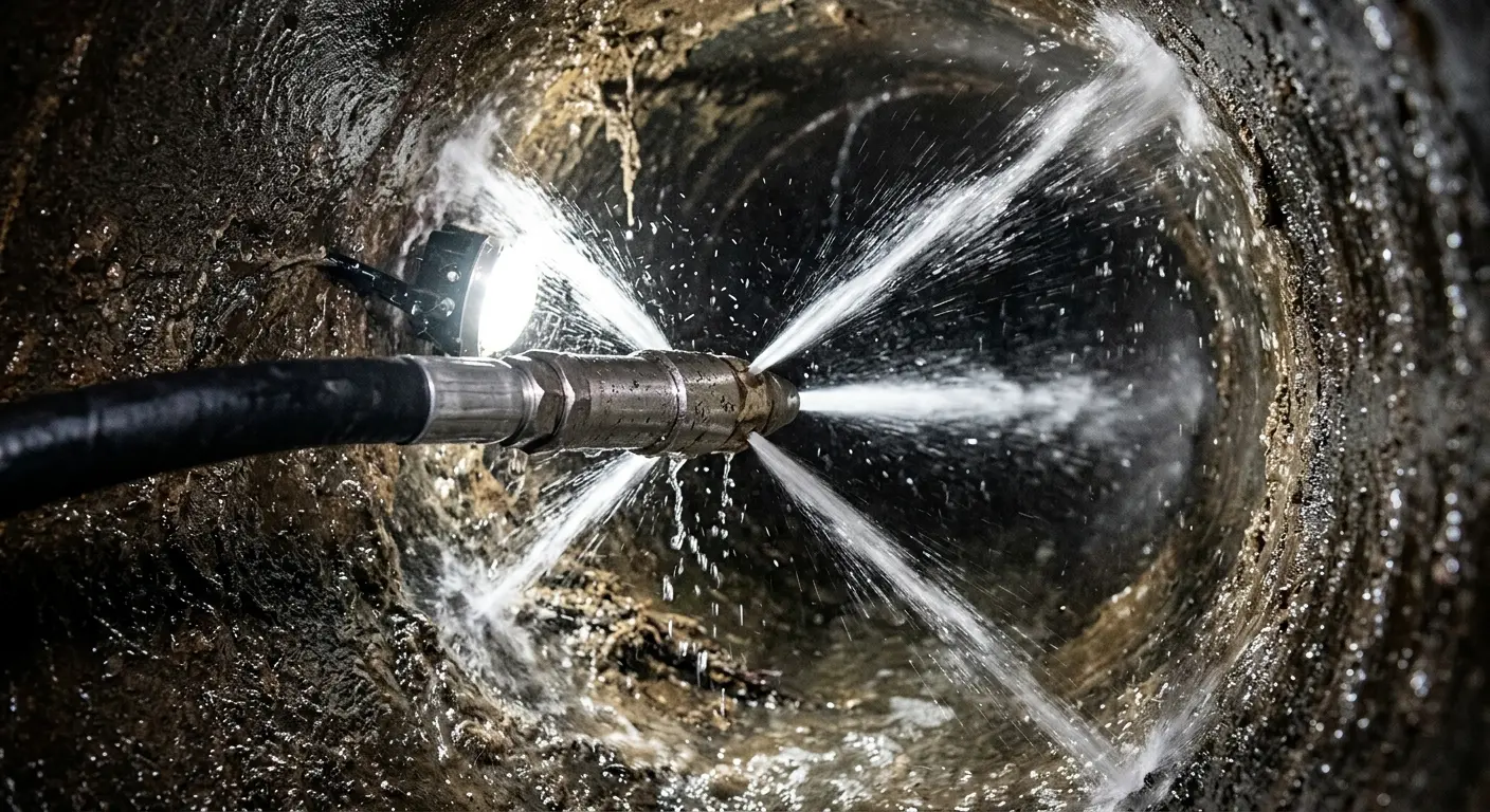 High-pressure hydro jetting nozzle cleaning sewer pipe for Sewer Cleanout in Tuscaloosa