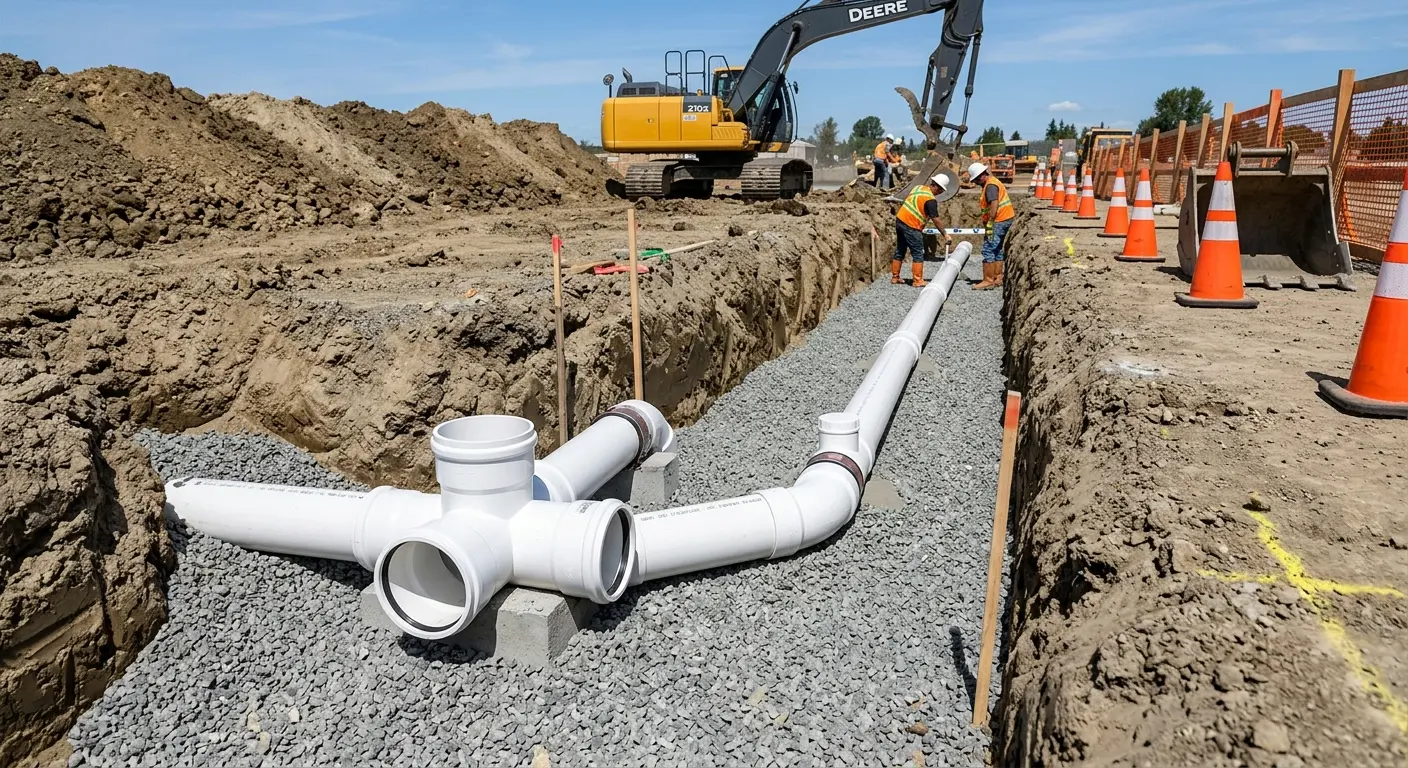 New PVC sewer pipe installation in open trench for Commercial Drain Cleaning in Tuscaloosa