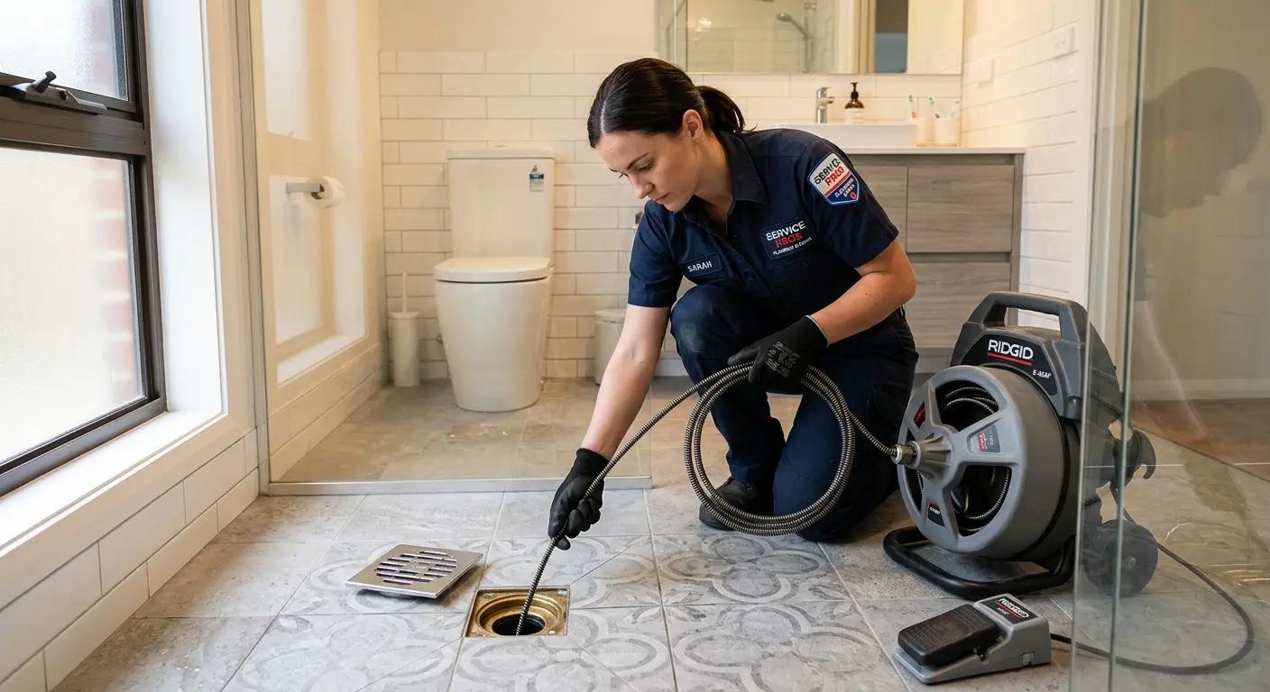Technician clearing a bathroom floor drain for Drain Cleaning in Tuscaloosa